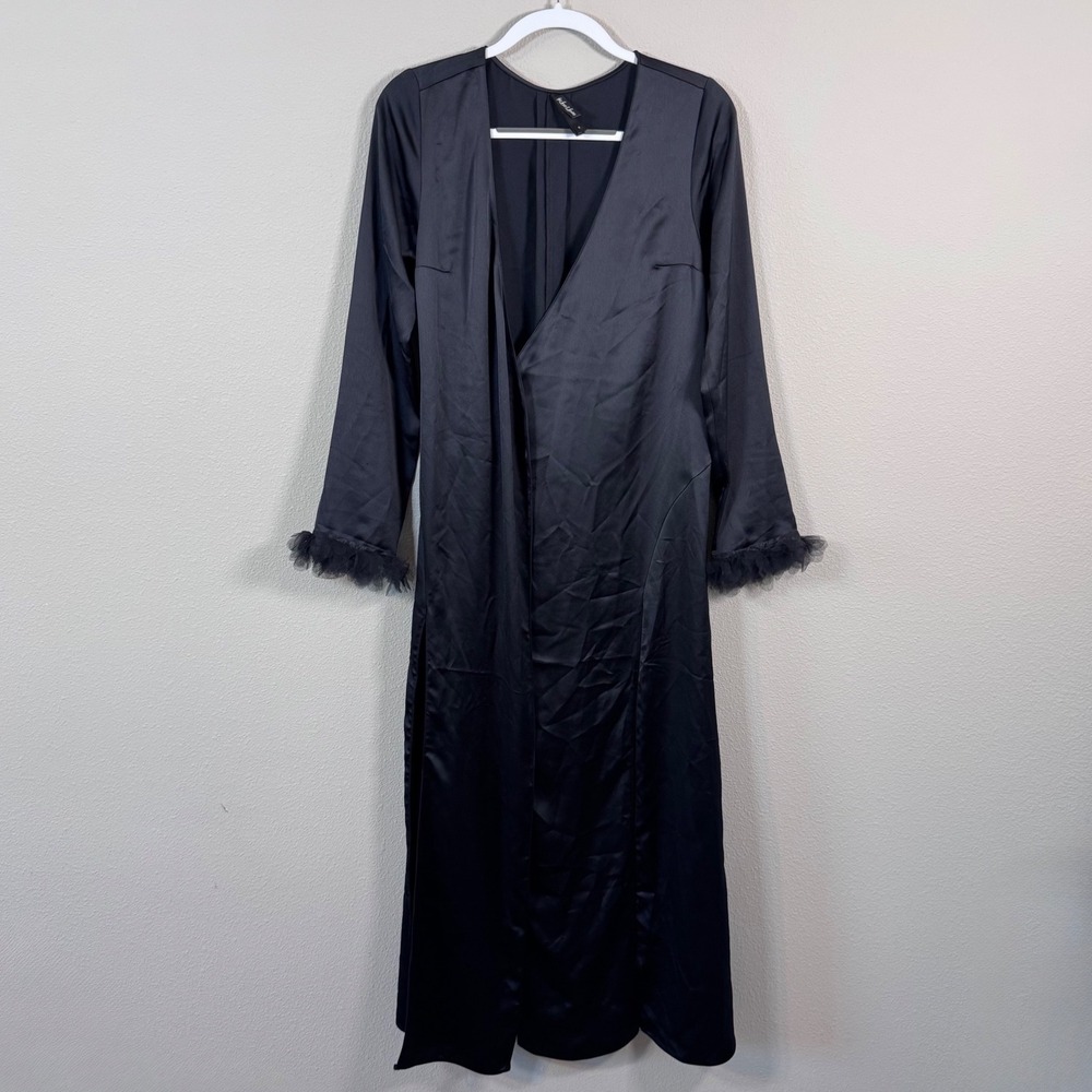 For Love & Lemons Black Satin Maxi Robe Tulle Ruffle Cuffs Whimsigoth Boudoir S